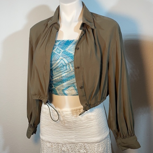 Zara Crop Button Down Shirt with Drawstring - Olive - Picture 11 of 14